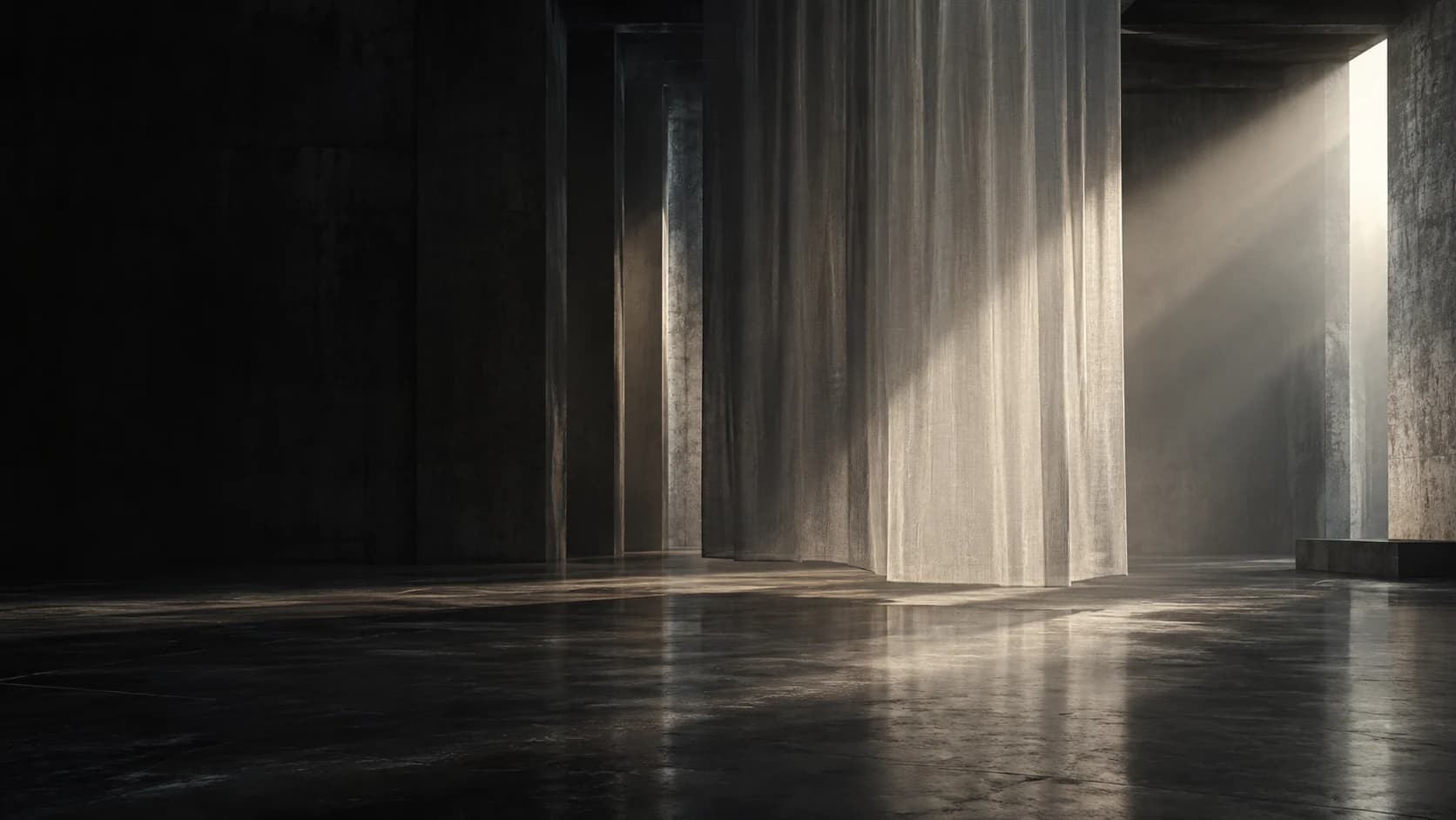 Daylight falls through a tall translucent curtain in a quiet concrete room and reflects across a dark floor; an original concept image.
