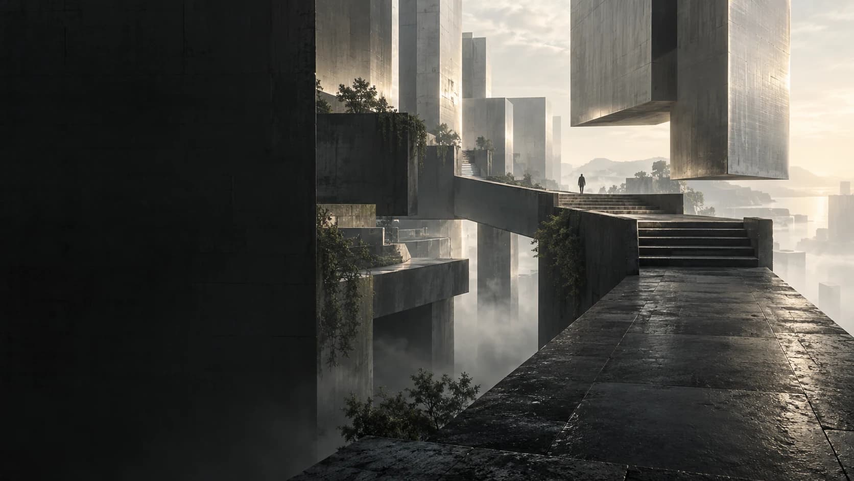 A stone path and steps lead toward a lone figure among suspended concrete volumes in a bright, misty architectural space; an original concept image.
