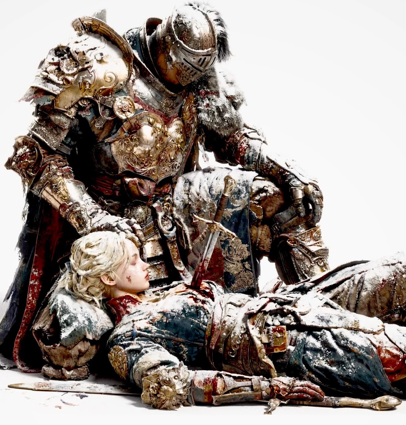 A snow-covered armored figure kneels beside a fallen blond figure in ornate armor.