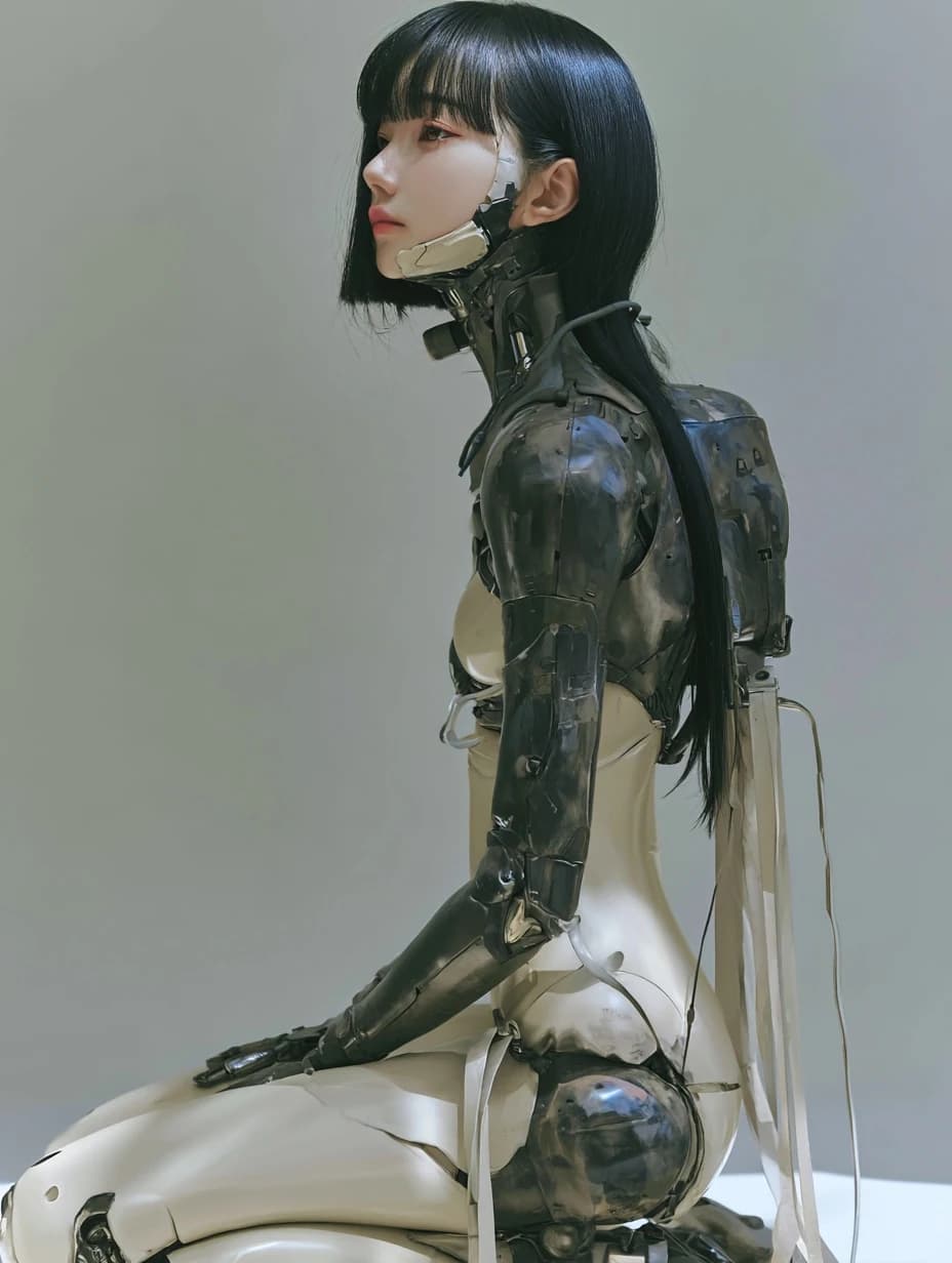 An alternate profile reference of the mechanical girl, showing polished metal shoulders and black hair.