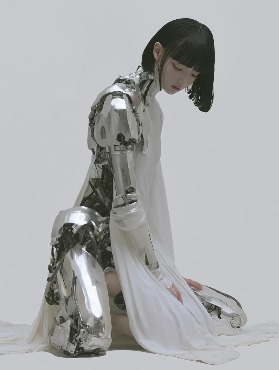 A dark-haired mechanical girl with polished metal limbs and white fabric, seated against a gray background.